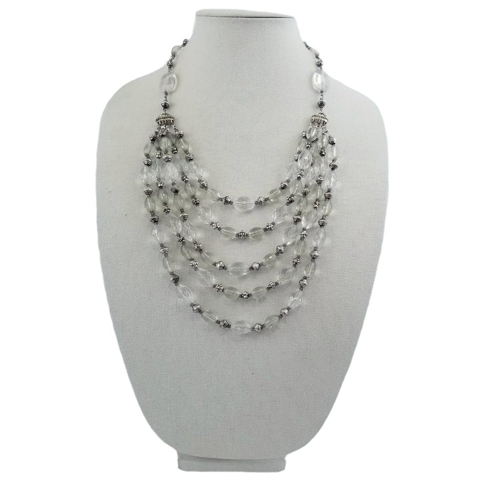 Clear Faceted Acrylic Layered Beaded Necklace Silver Tone Statement Bib U6